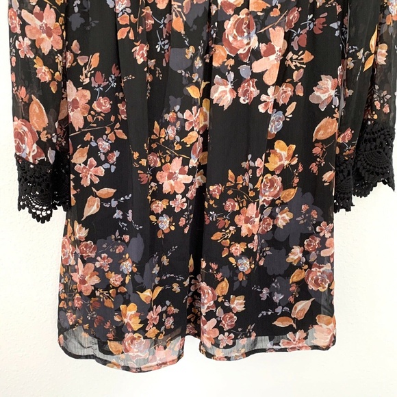 Xhilaration Black Floral Lace Up Long Sleeve Dress - Picture 4 of 8